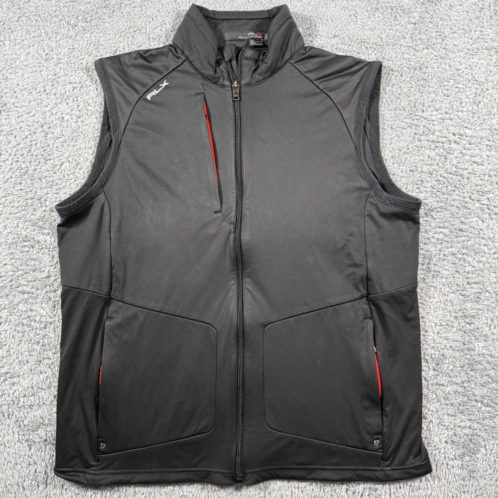 RLX Ralph Lauren Vest Mens Medium Black Red Golf Full Zip Performance Sleeveless
